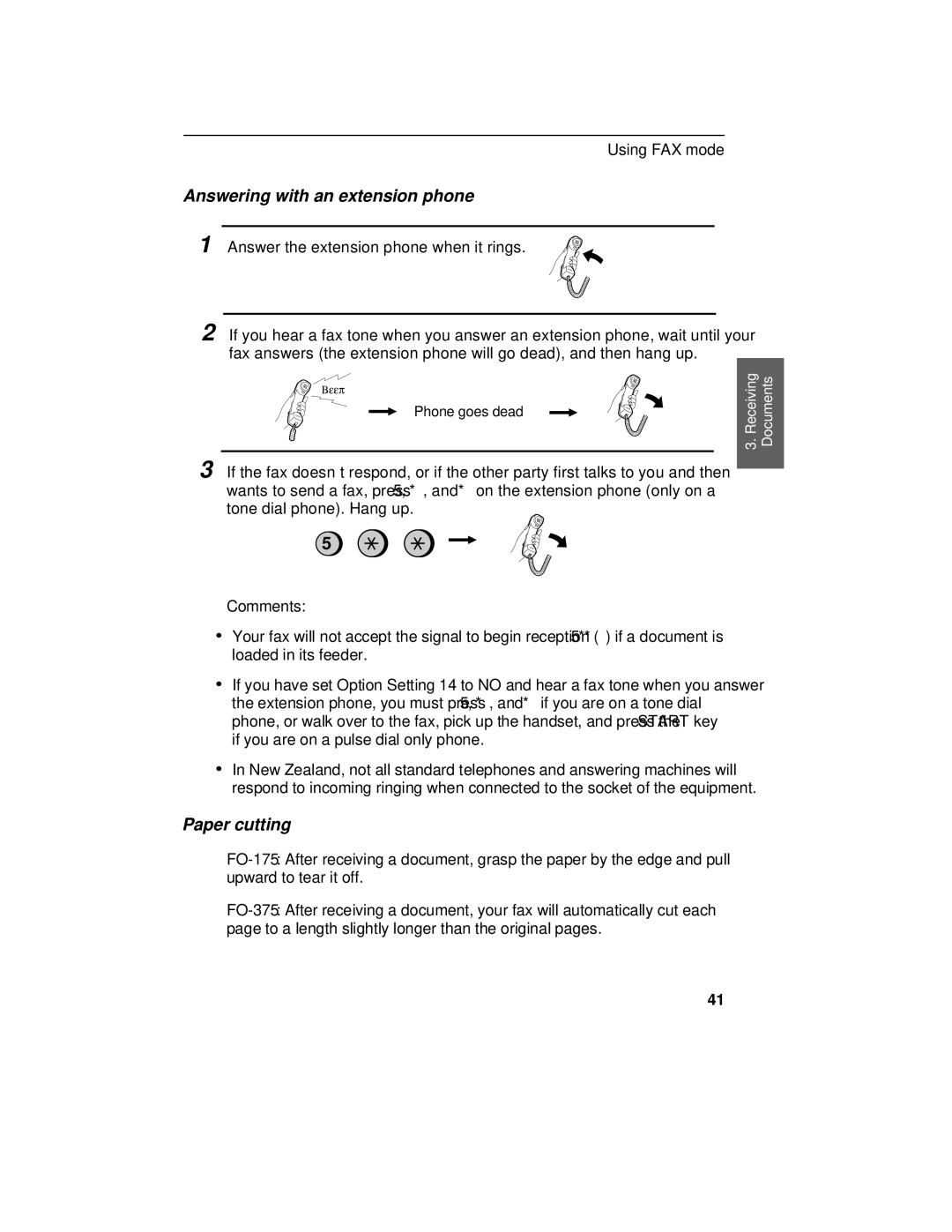 Sharp FO-375, FO-175 operation manual Answering with an extension phone, Paper cutting 