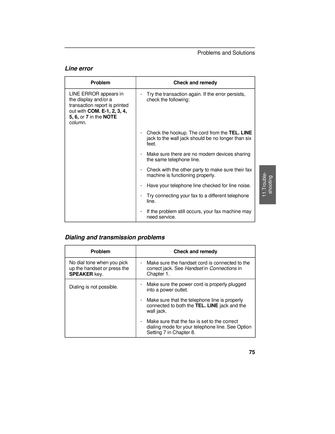 Sharp FO-375, FO-175 operation manual Line error, Dialing and transmission problems 