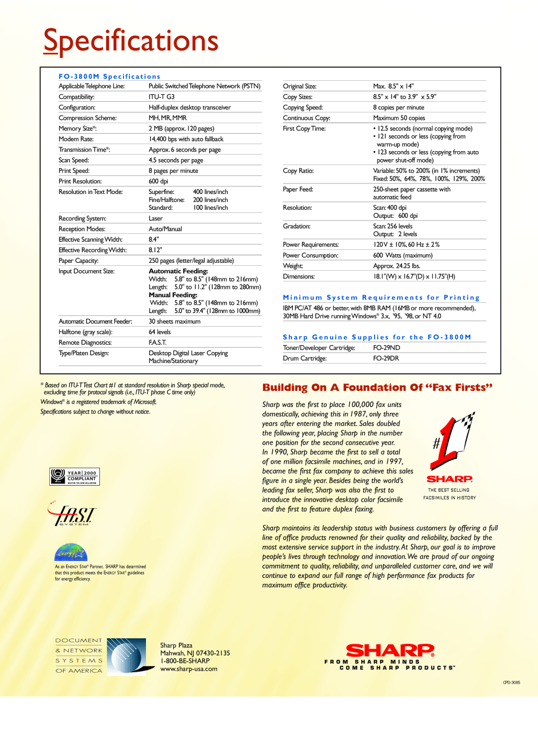 Sharp FO-3800M manual Specifications, Building On a Foundation Of Fax Firsts 