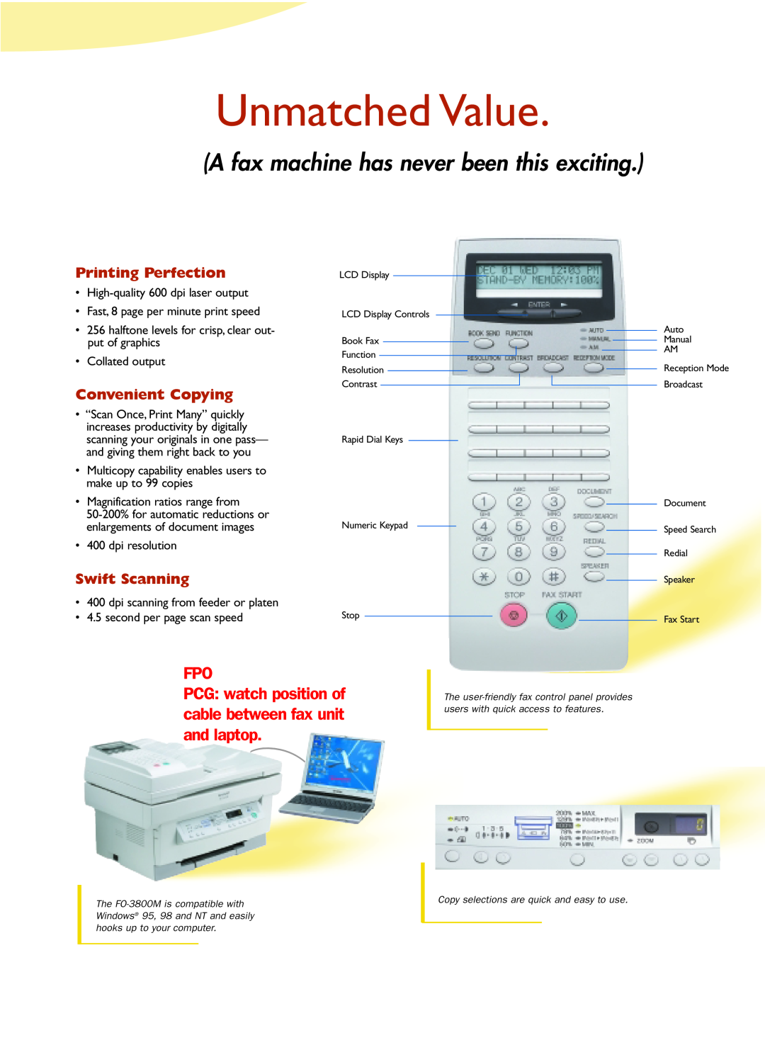 Sharp manual Unmatched Value, Printing Perfection, Convenient Copying, Swift Scanning, The FO-3800M is compatible with 