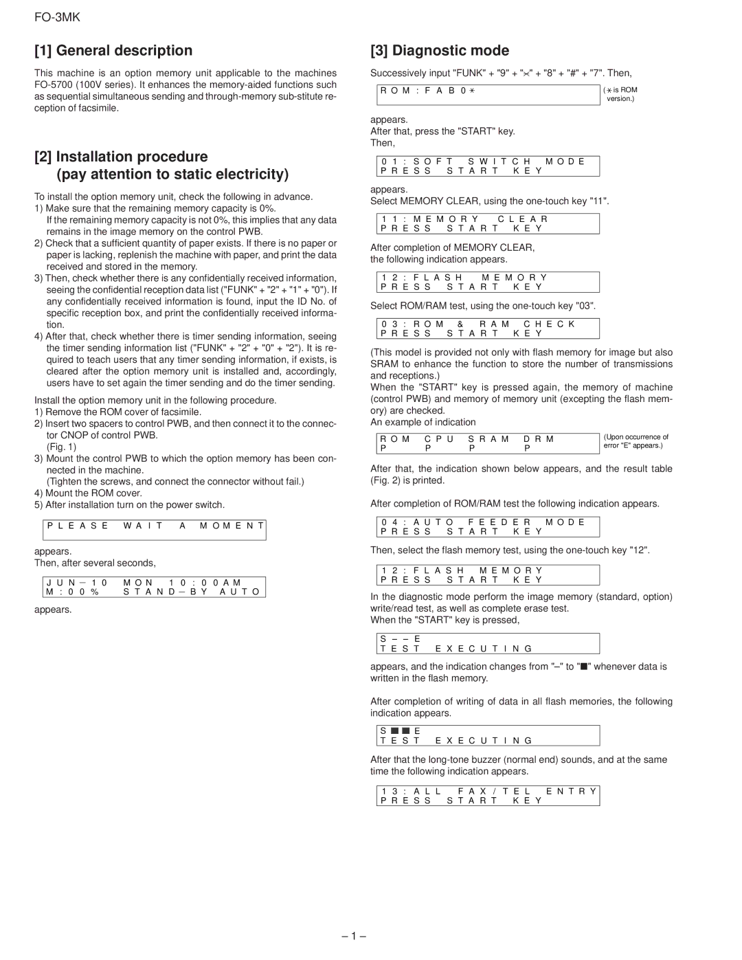 Sharp FO-3MK General description, Installation procedure Pay attention to static electricity, Diagnostic mode 