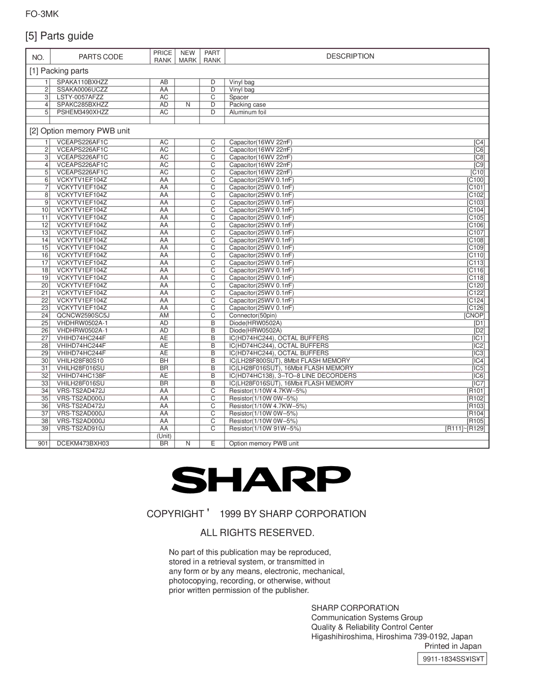 Sharp FO-3MK, 00ZFO3MKCUSME service manual Copyright 1999 by Sharp Corporation 