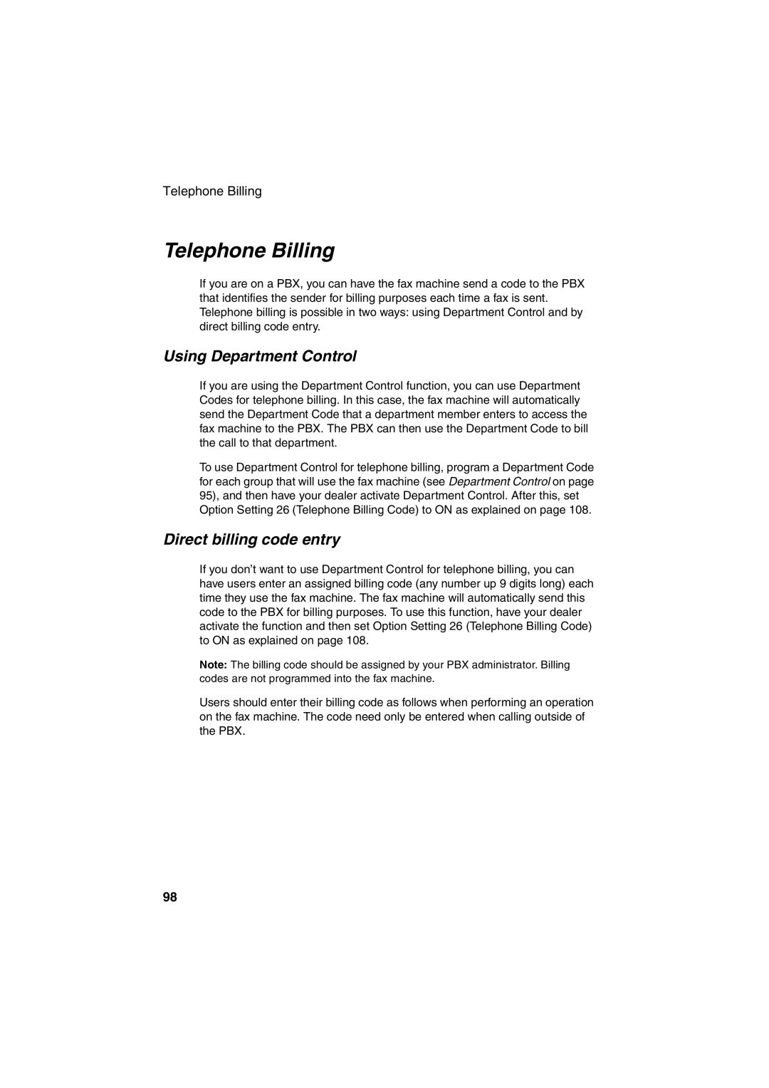 Sharp FO-4400 operation manual Telephone Billing, Using Department Control, Direct billing code entry 