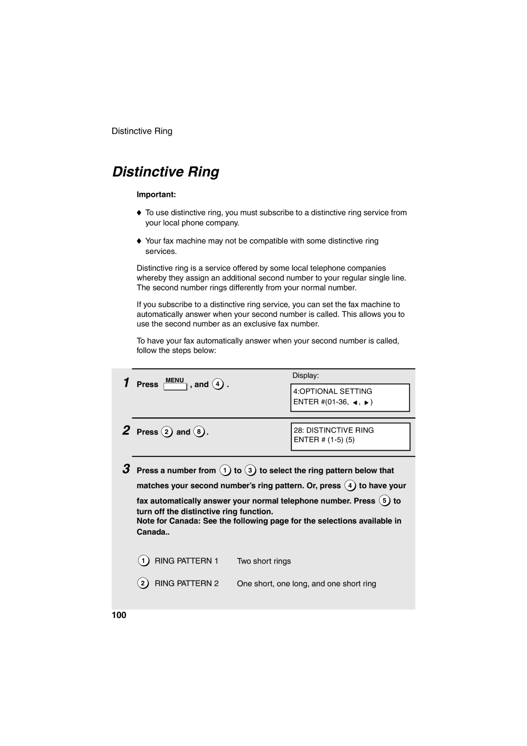 Sharp FO-4400 operation manual Distinctive Ring, 100, Press 2 