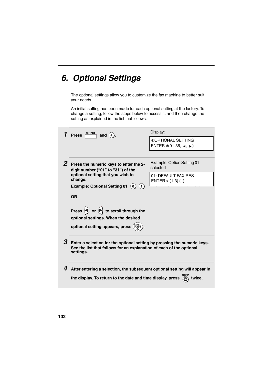 Sharp FO-4400 operation manual Optional Settings, 102 