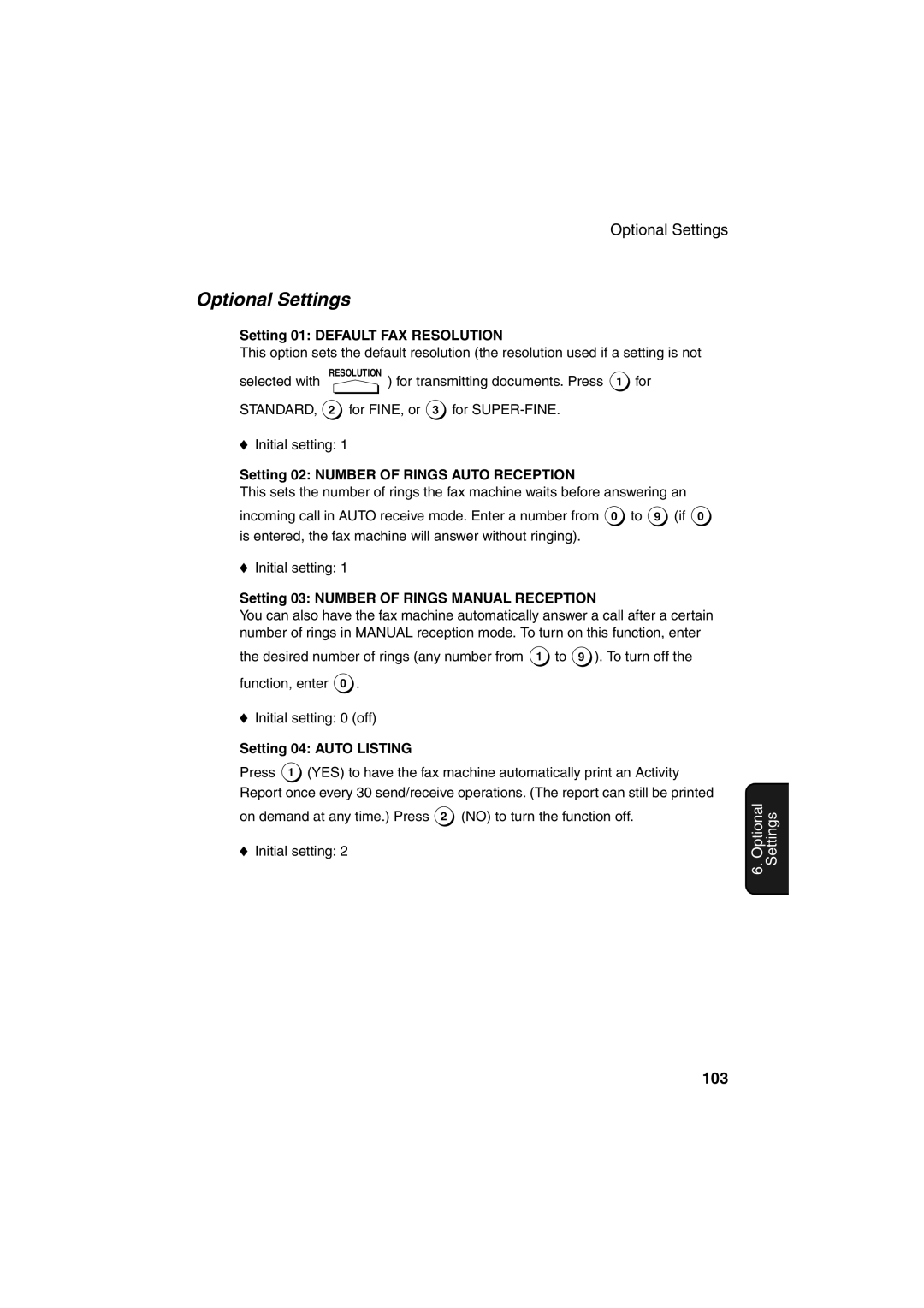 Sharp FO-4400 operation manual Optional Settings, 103 