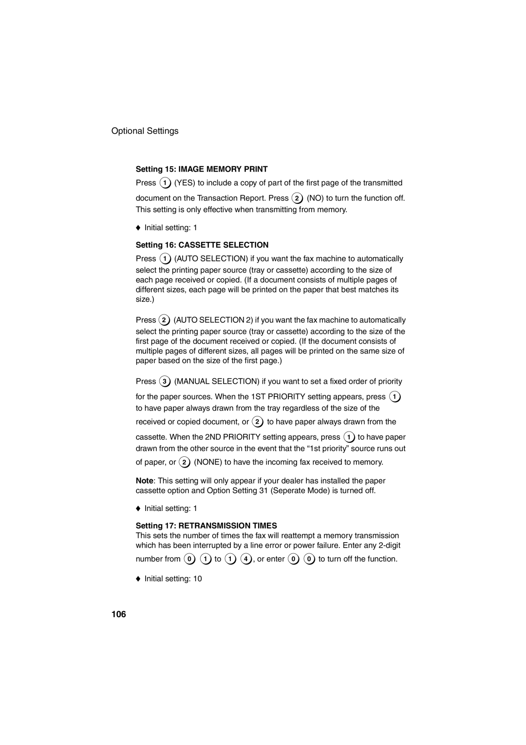Sharp FO-4400 106, Setting 15 Image Memory Print, Setting 16 Cassette Selection, Setting 17 Retransmission Times 