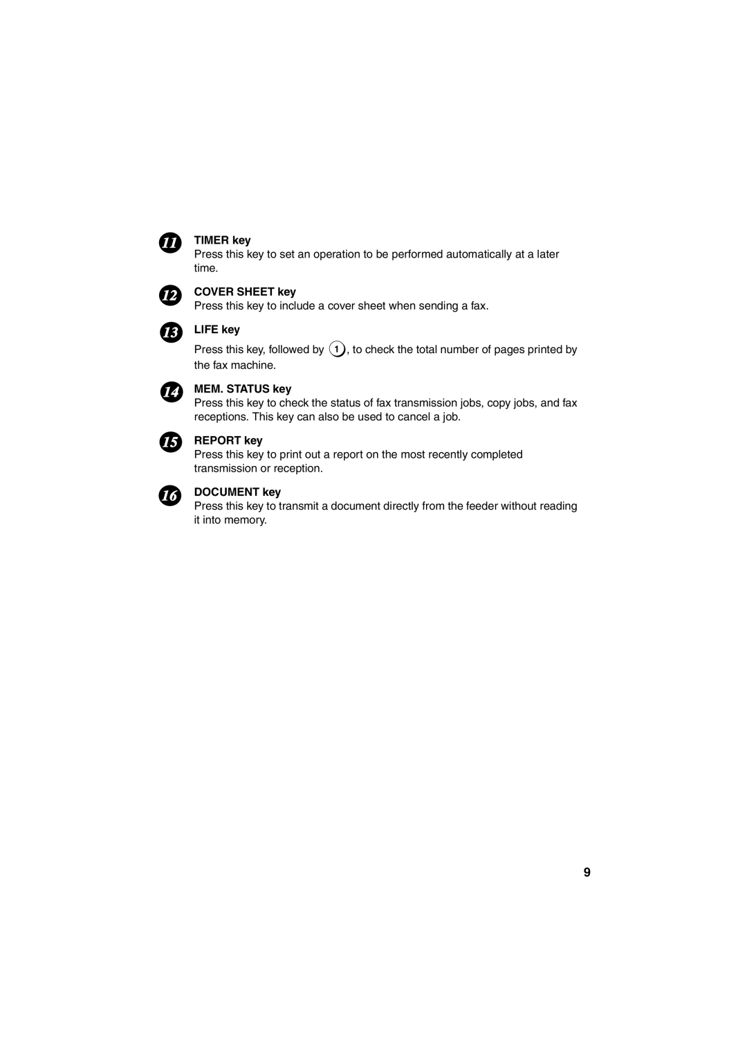 Sharp FO-4400 operation manual Timer key, Cover Sheet key, Life key, MEM. Status key, Report key, Document key 