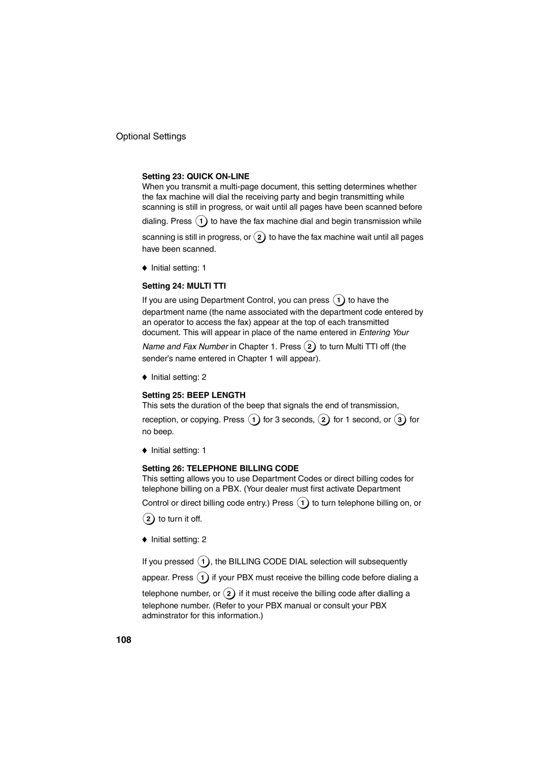 Sharp FO-4400 operation manual 108, Setting 23 Quick ON-LINE, Setting 24 Multi TTI, Setting 25 Beep Length 