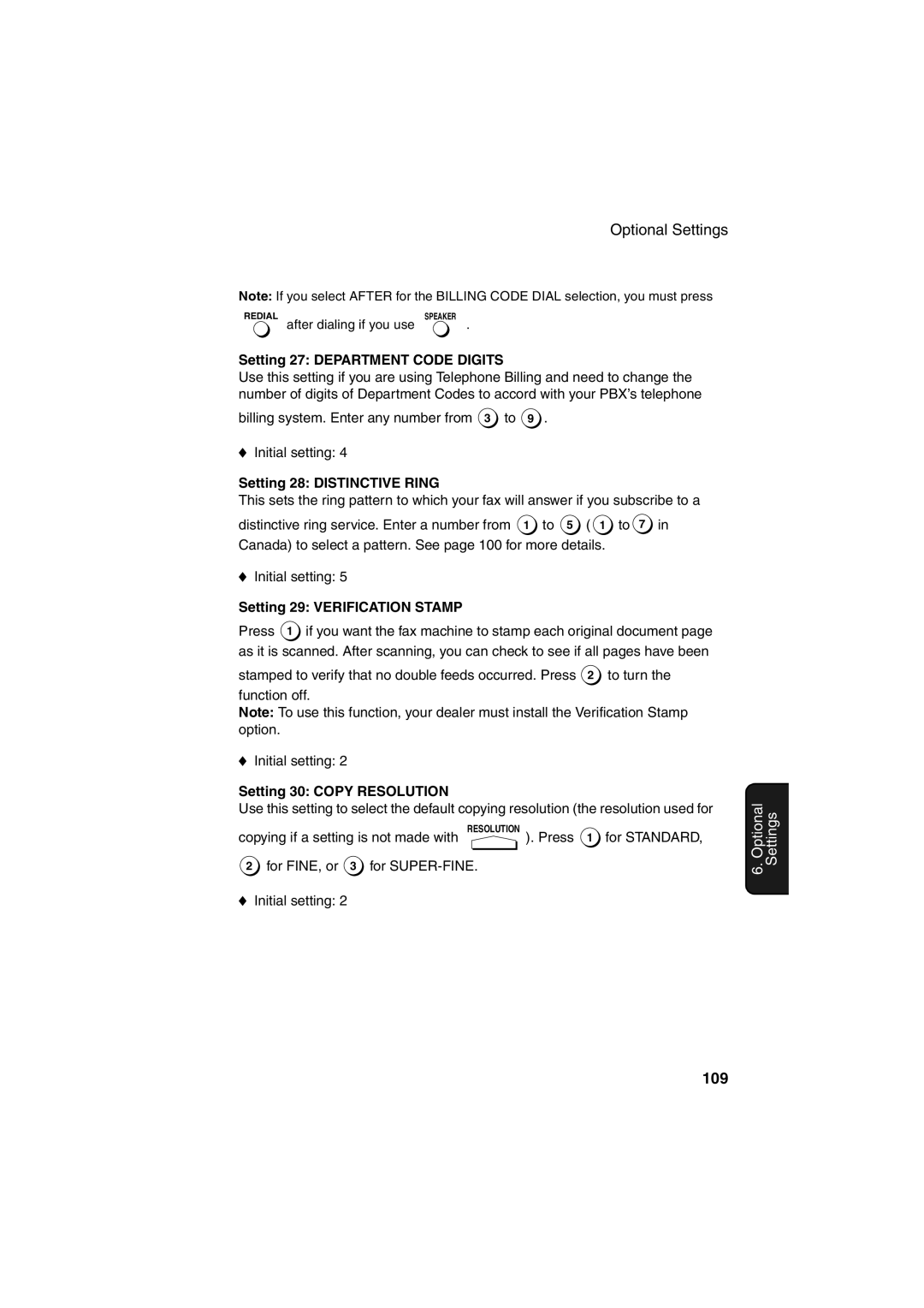 Sharp FO-4400 109, Setting 27 Department Code Digits, Setting 28 Distinctive Ring, Setting 29 Verification Stamp 