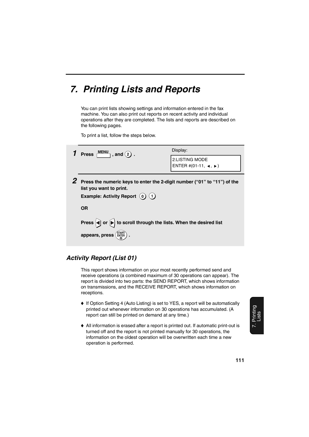 Sharp FO-4400 operation manual Printing Lists and Reports, Activity Report List, 111, Appears, press Enter 