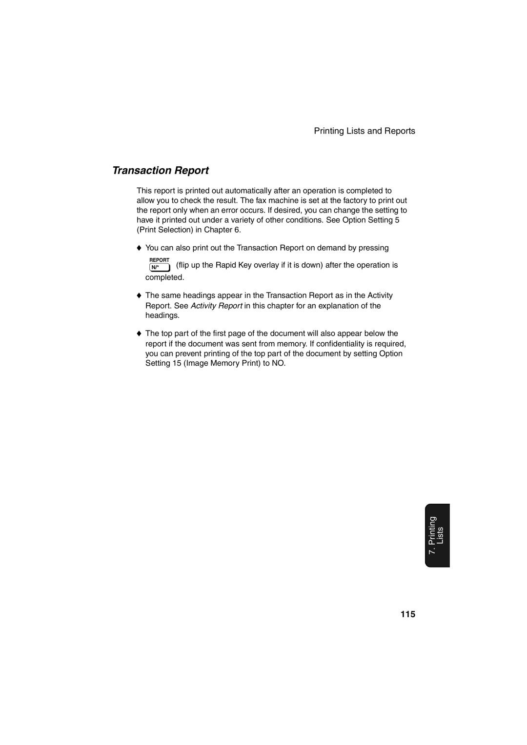 Sharp FO-4400 operation manual Transaction Report, 115 