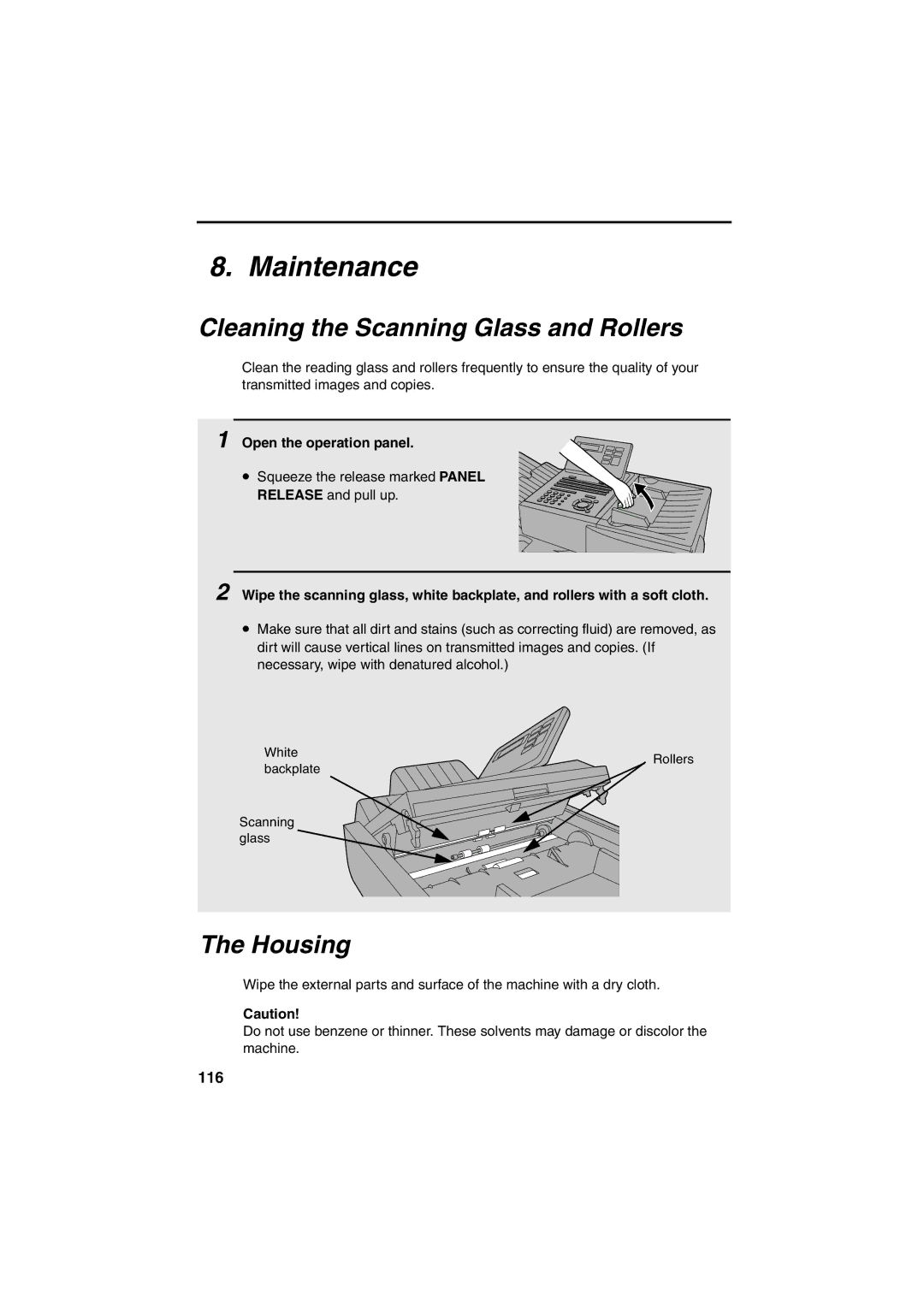 Sharp FO-4400 operation manual Maintenance, Cleaning the Scanning Glass and Rollers, Housing, 116, Open the operation panel 