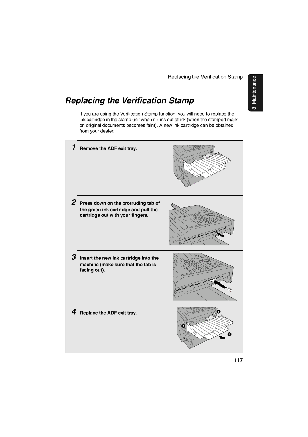 Sharp FO-4400 operation manual Replacing the Verification Stamp, 117 