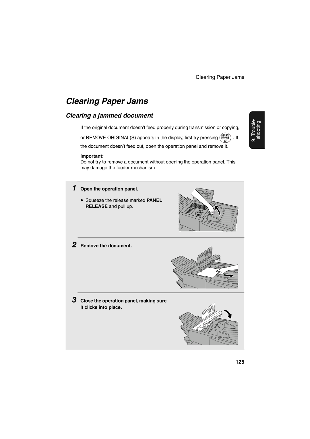 Sharp FO-4400 operation manual Clearing Paper Jams, Clearing a jammed document, 125 