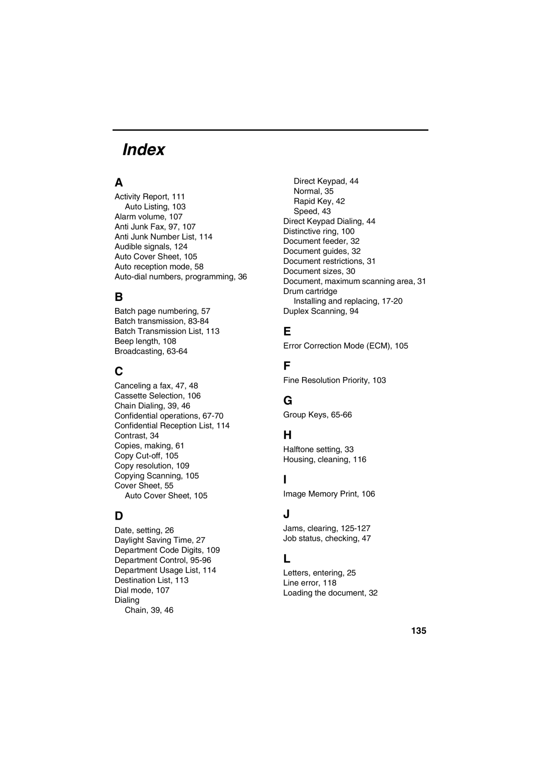 Sharp FO-4400 operation manual Index, 135 