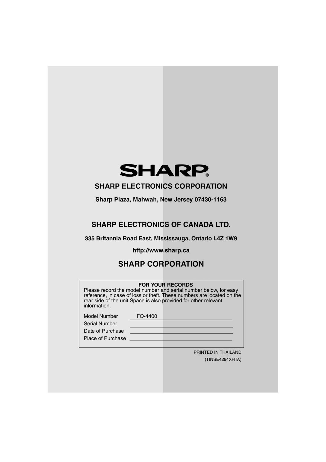 Sharp FO-4400 operation manual Sharp Corporation 