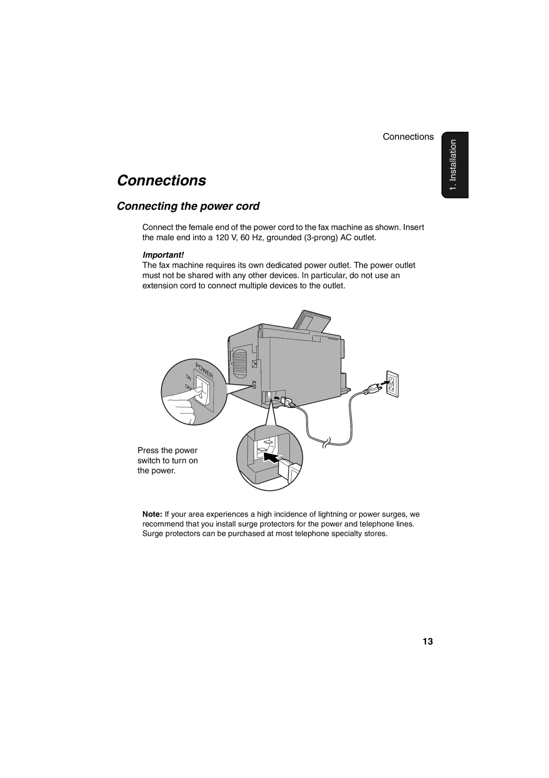 Sharp FO-4400 operation manual Connections, Connecting the power cord 