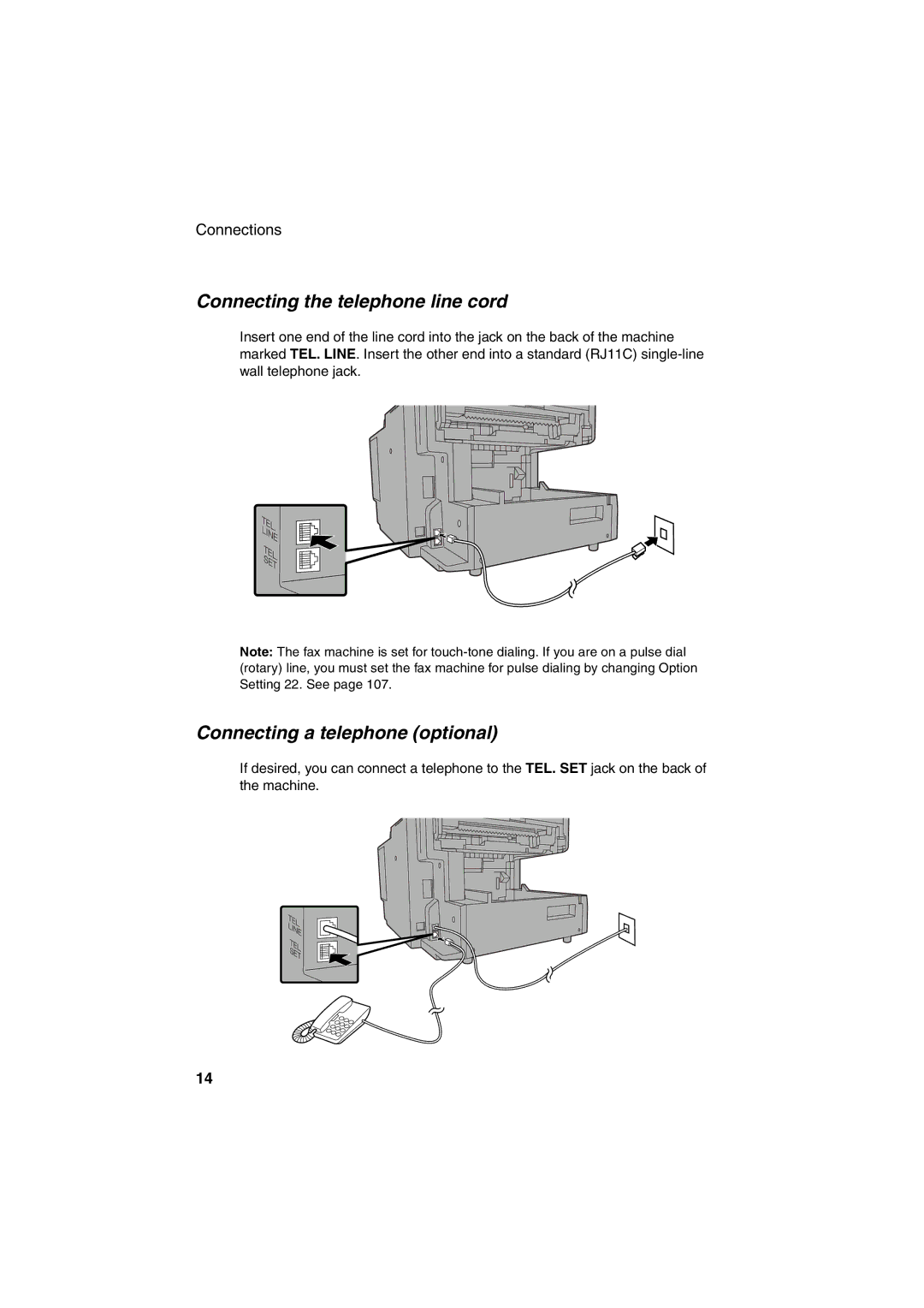 Sharp FO-4400 operation manual Connecting the telephone line cord, Connecting a telephone optional 