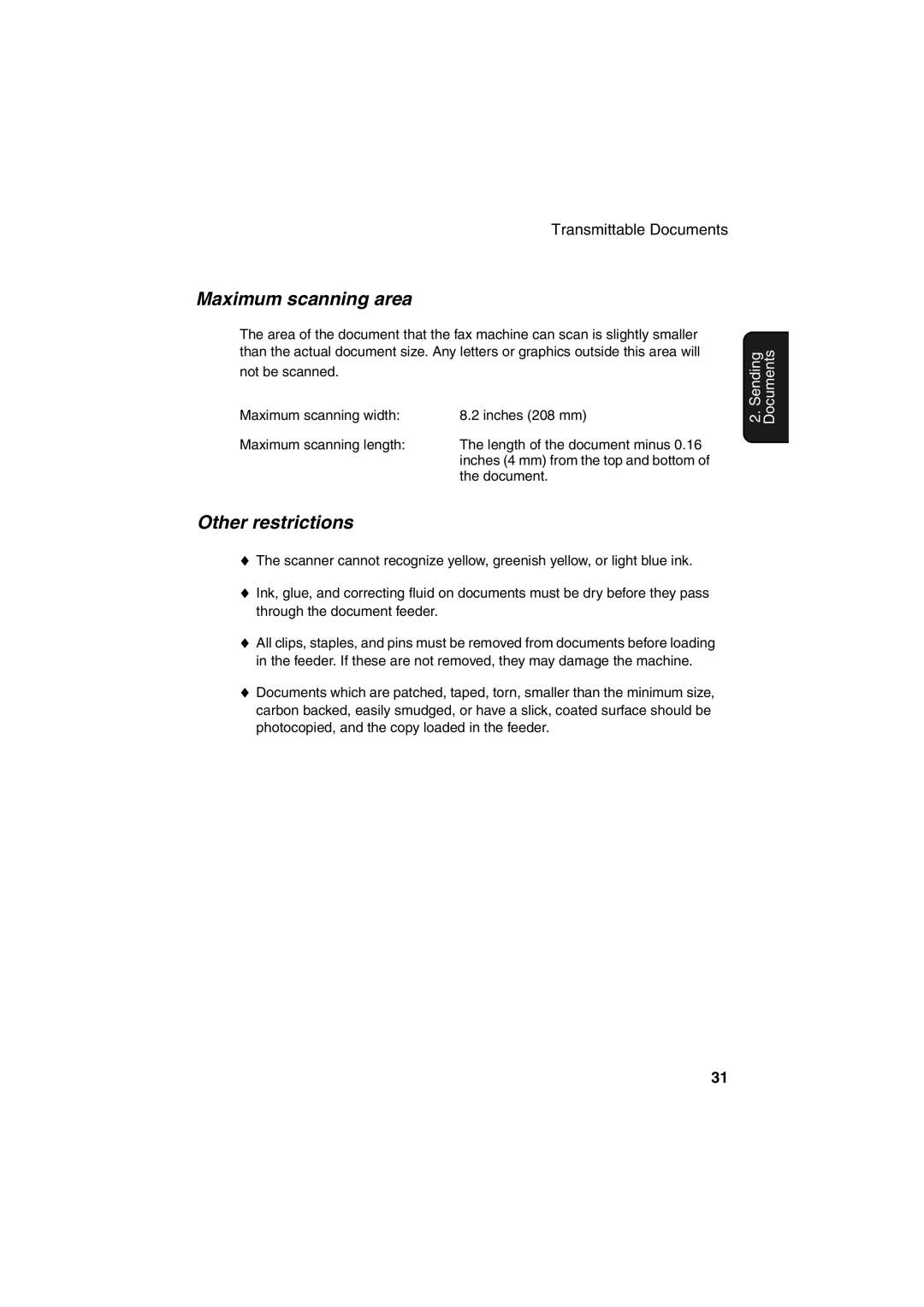 Sharp FO-4400 operation manual Maximum scanning area, Other restrictions 