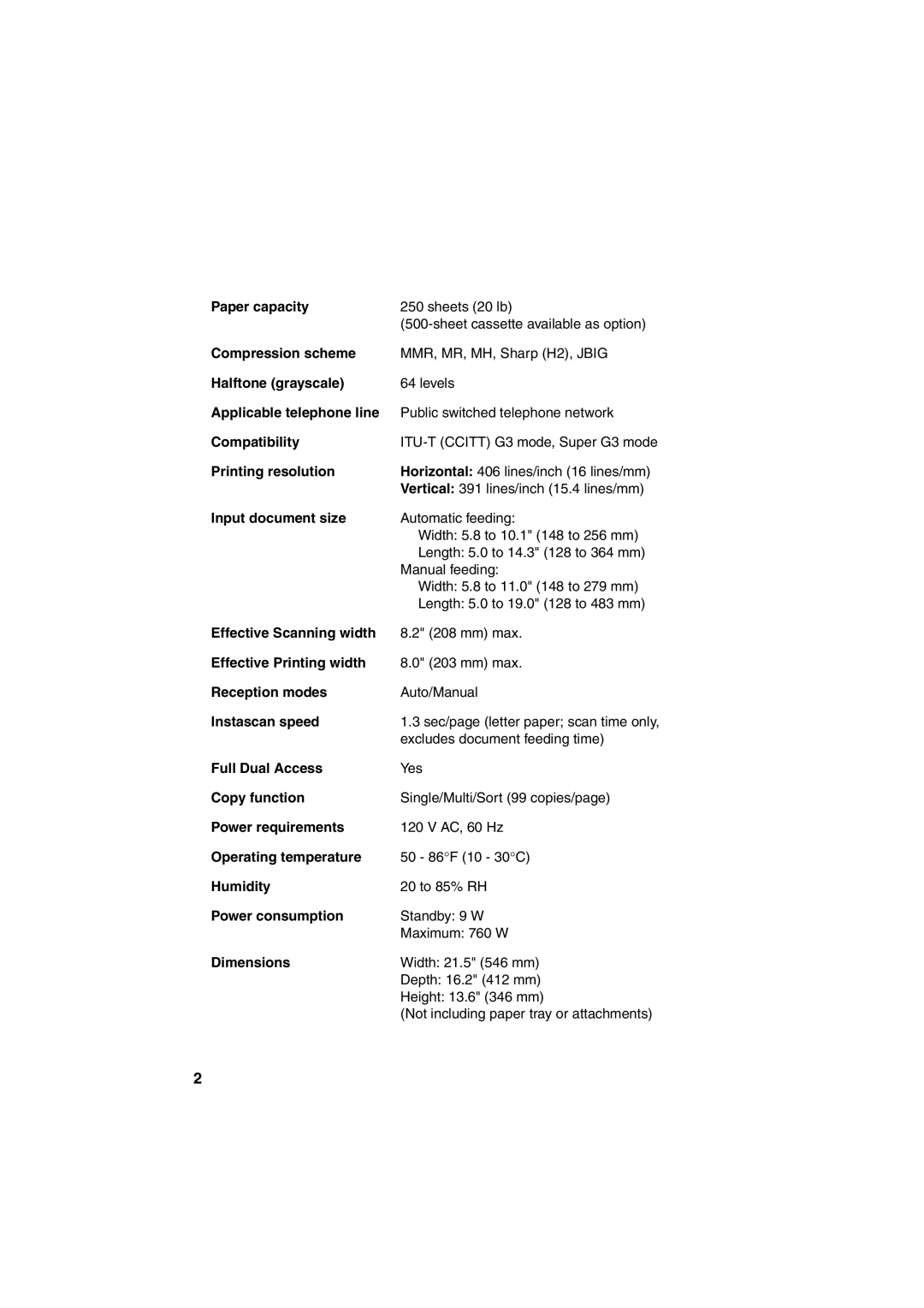 Sharp FO-4400 Paper capacity, Compression scheme, Halftone grayscale, Applicable telephone line, Compatibility, Humidity 