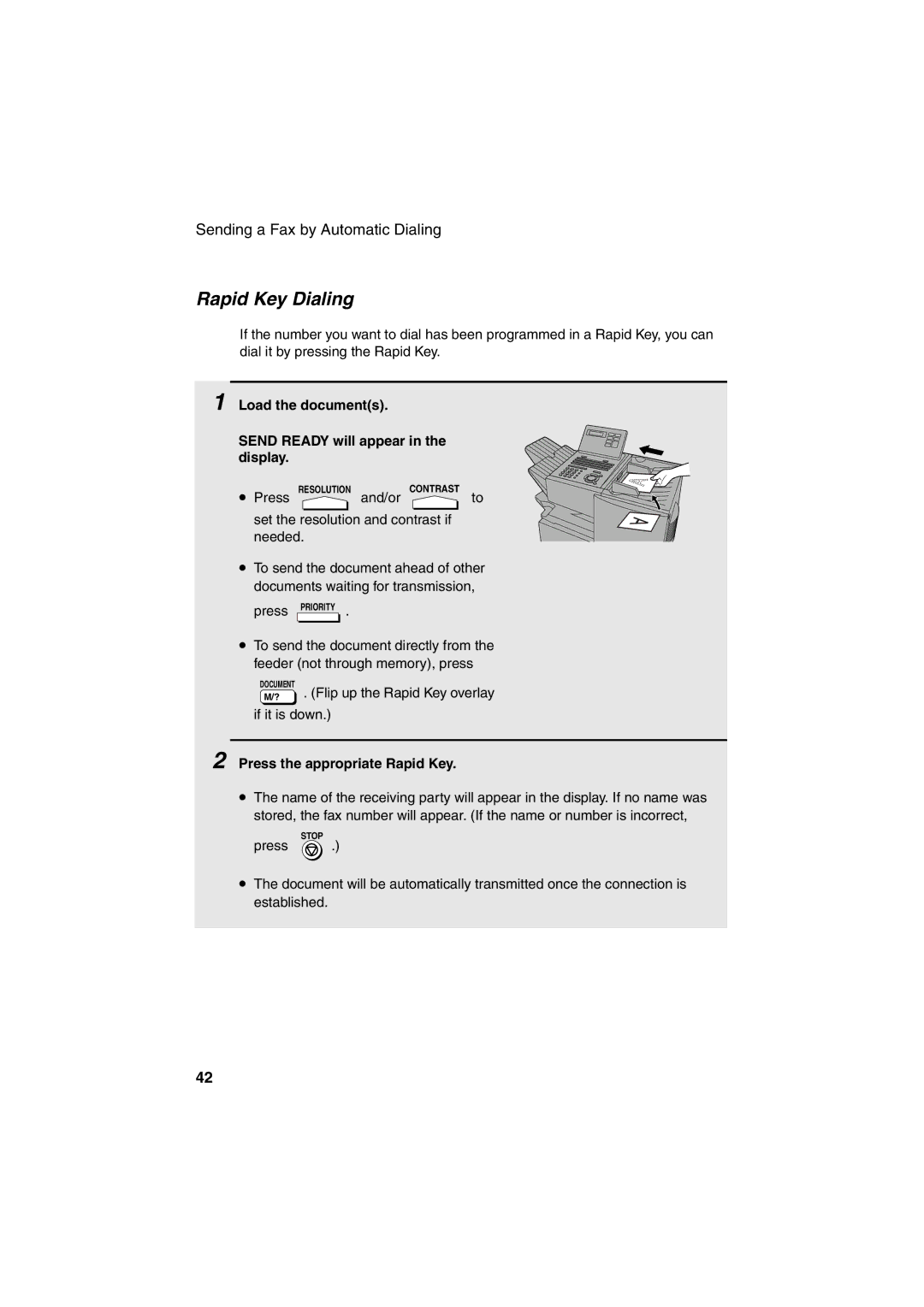 Sharp FO-4400 Rapid Key Dialing, Load the documents Send Ready will appear in the display, Press the appropriate Rapid Key 