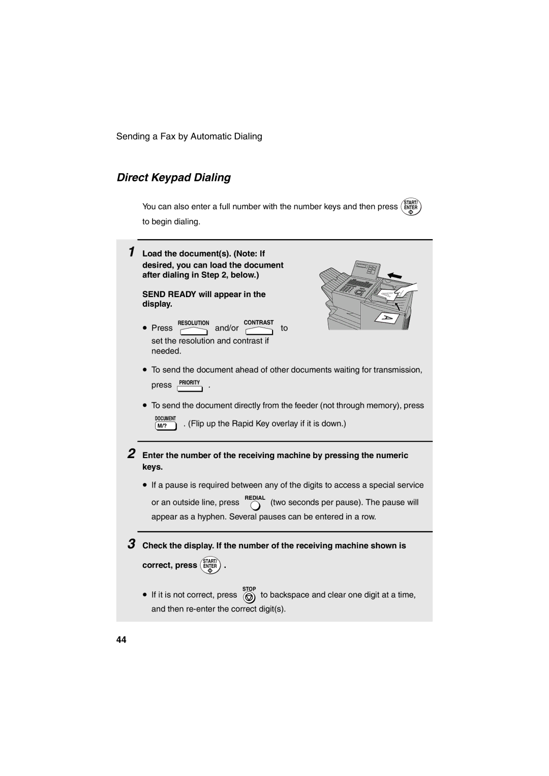 Sharp FO-4400 operation manual Direct Keypad Dialing, Correct, press Enter If it is not correct, press 