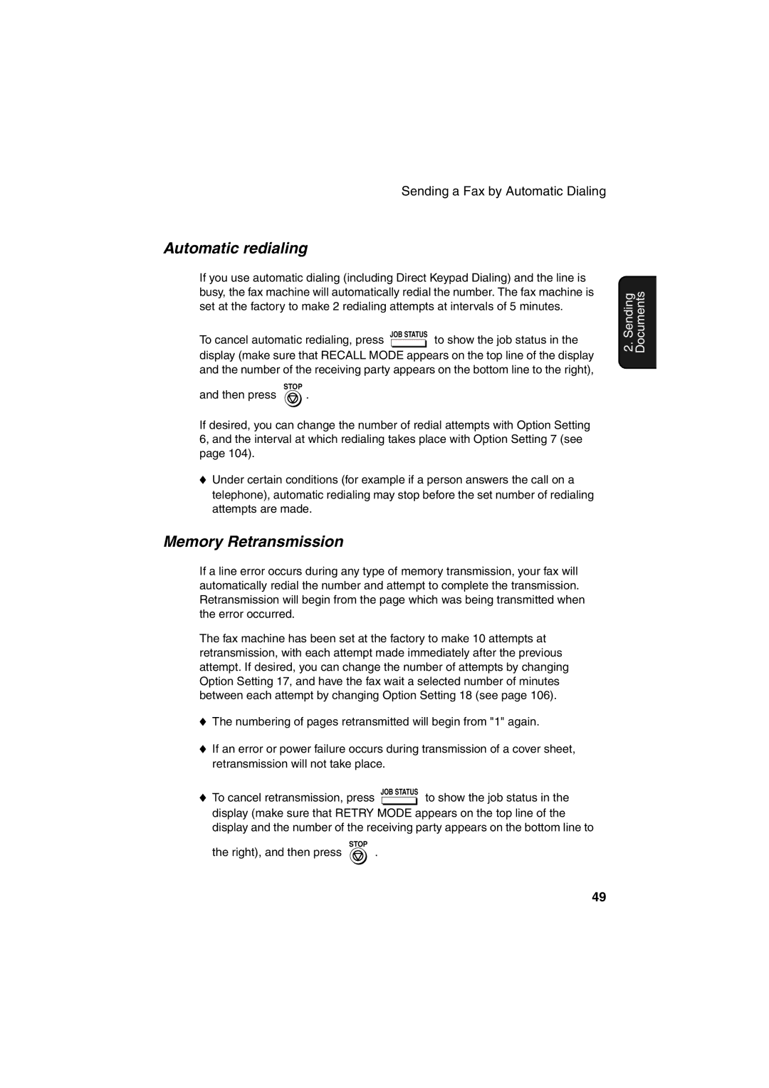 Sharp FO-4400 operation manual Automatic redialing, Memory Retransmission 