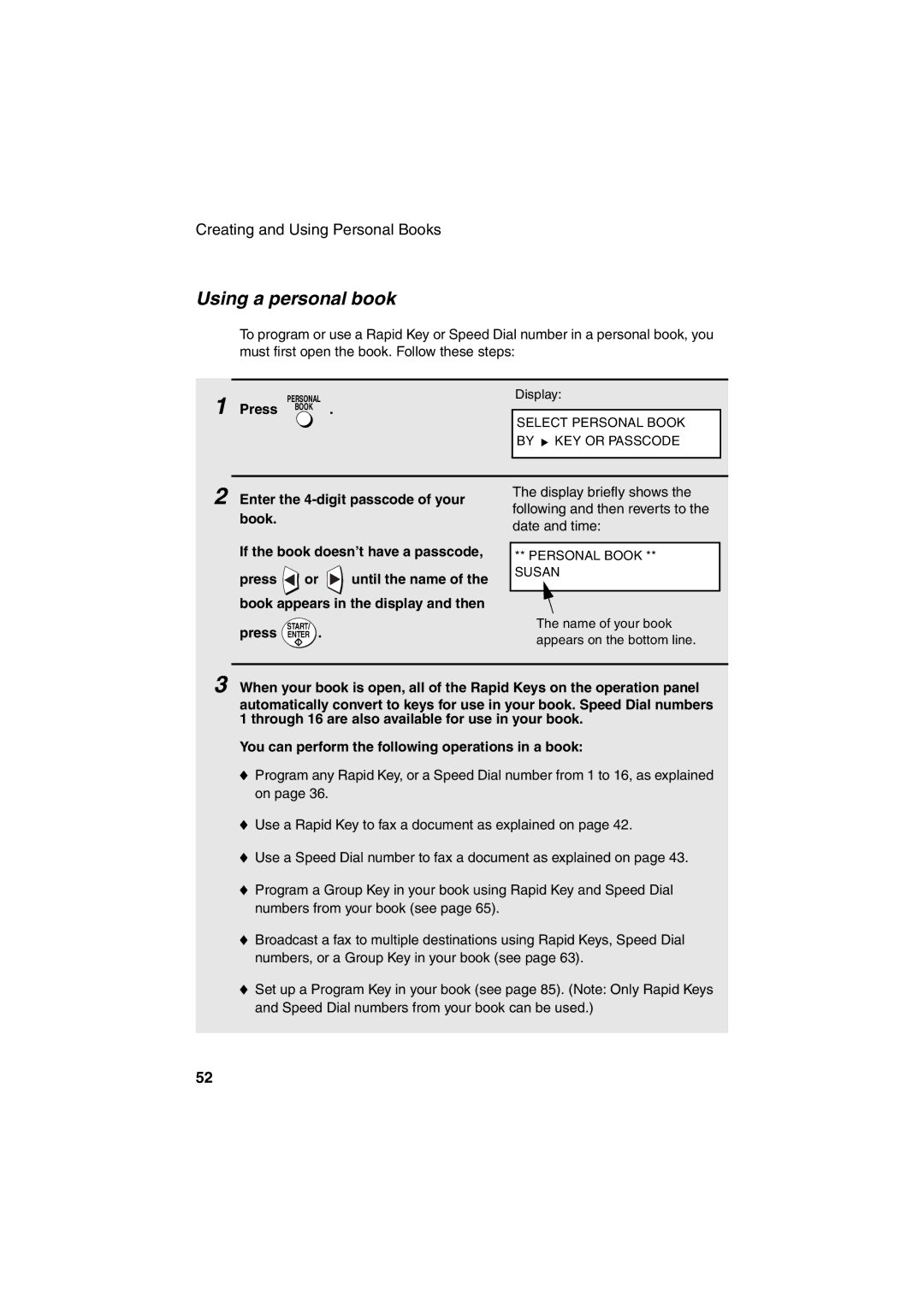 Sharp FO-4400 operation manual Using a personal book, Press Book 