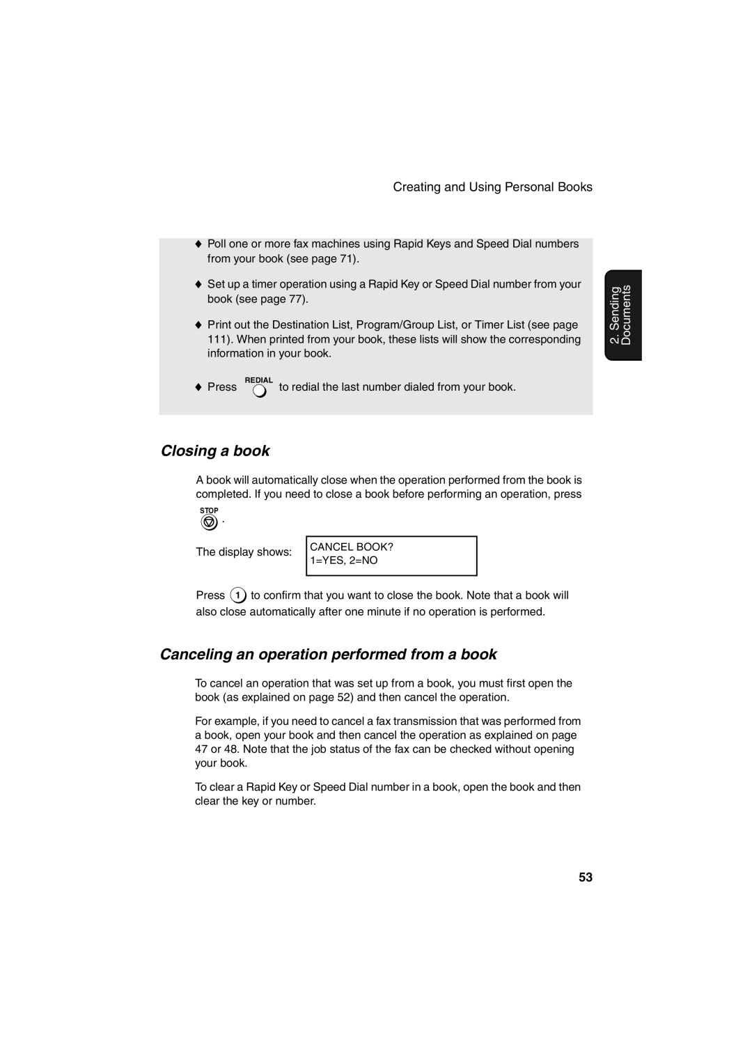 Sharp FO-4400 operation manual Closing a book, Canceling an operation performed from a book 