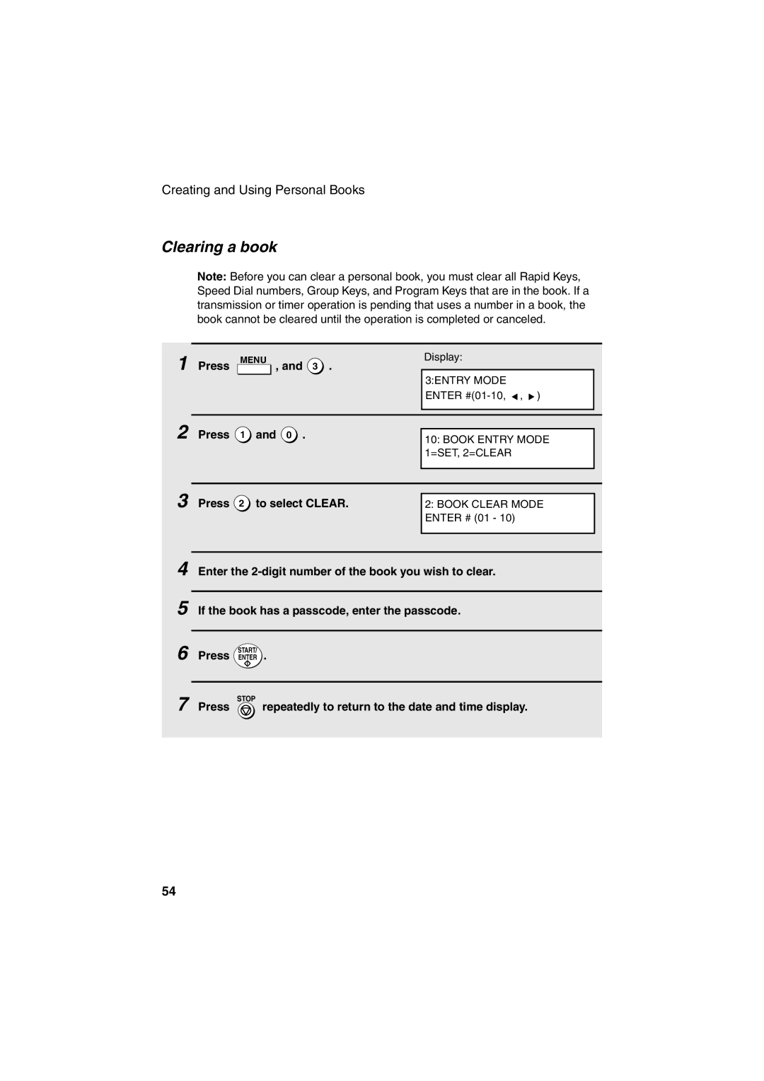 Sharp FO-4400 operation manual Clearing a book, Press 2 to select Clear, If the book has a passcode, enter the passcode 