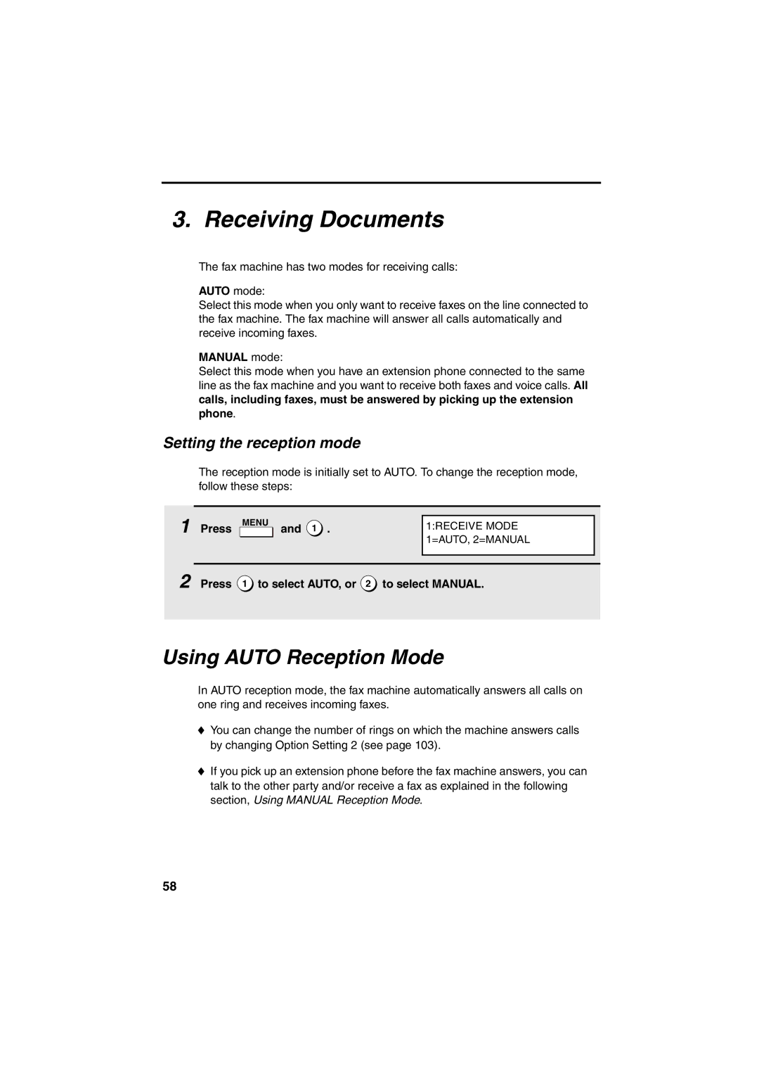 Sharp FO-4400 operation manual Receiving Documents, Using Auto Reception Mode, Setting the reception mode 