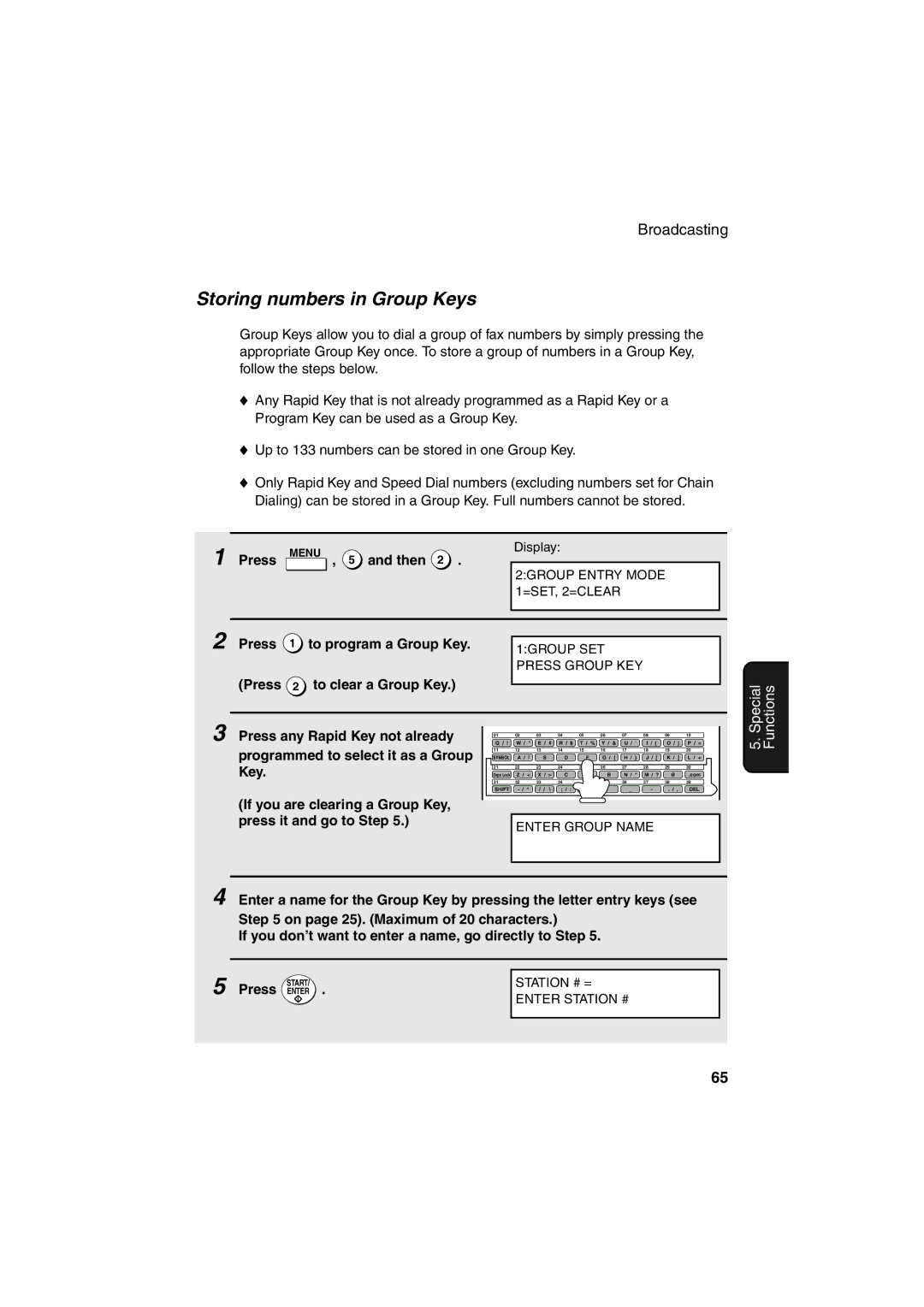 Sharp FO-4400 operation manual Storing numbers in Group Keys, Press Menu , 5 and then, Press To program a Group Key 