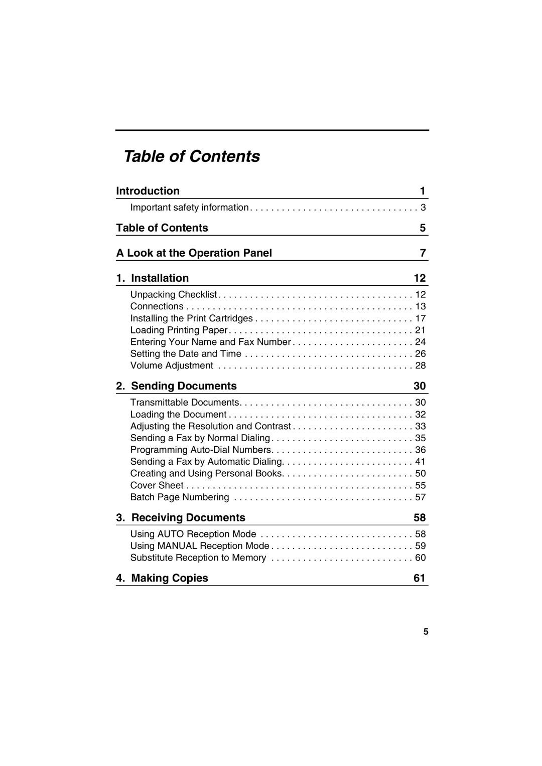 Sharp FO-4400 operation manual Table of Contents 