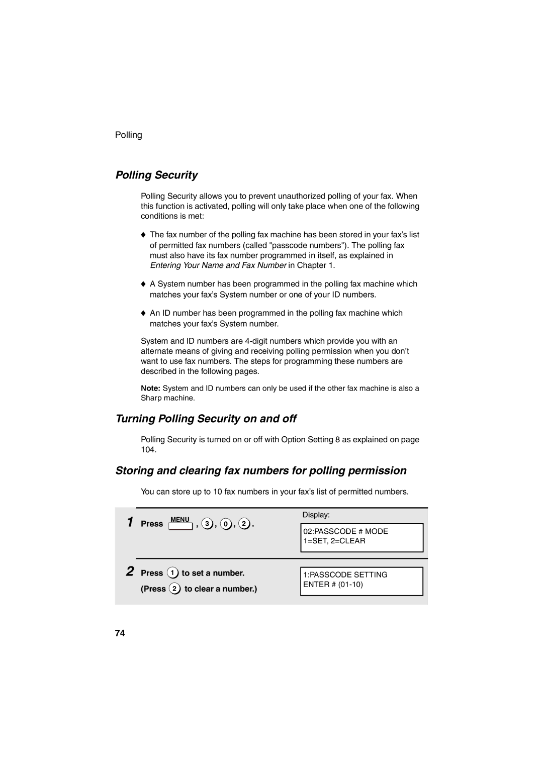 Sharp FO-4400 Turning Polling Security on and off, Storing and clearing fax numbers for polling permission 