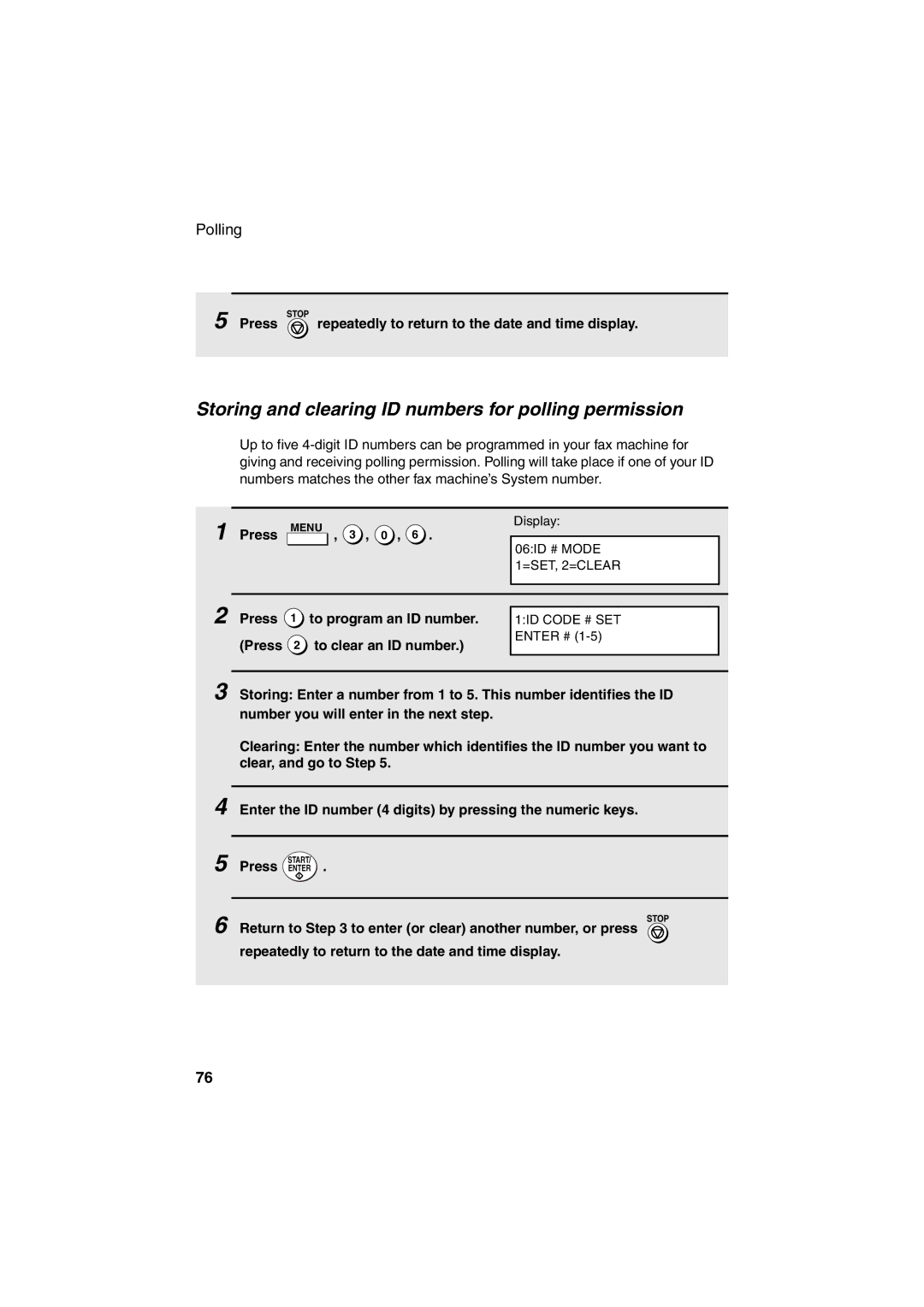 Sharp FO-4400 operation manual Storing and clearing ID numbers for polling permission 