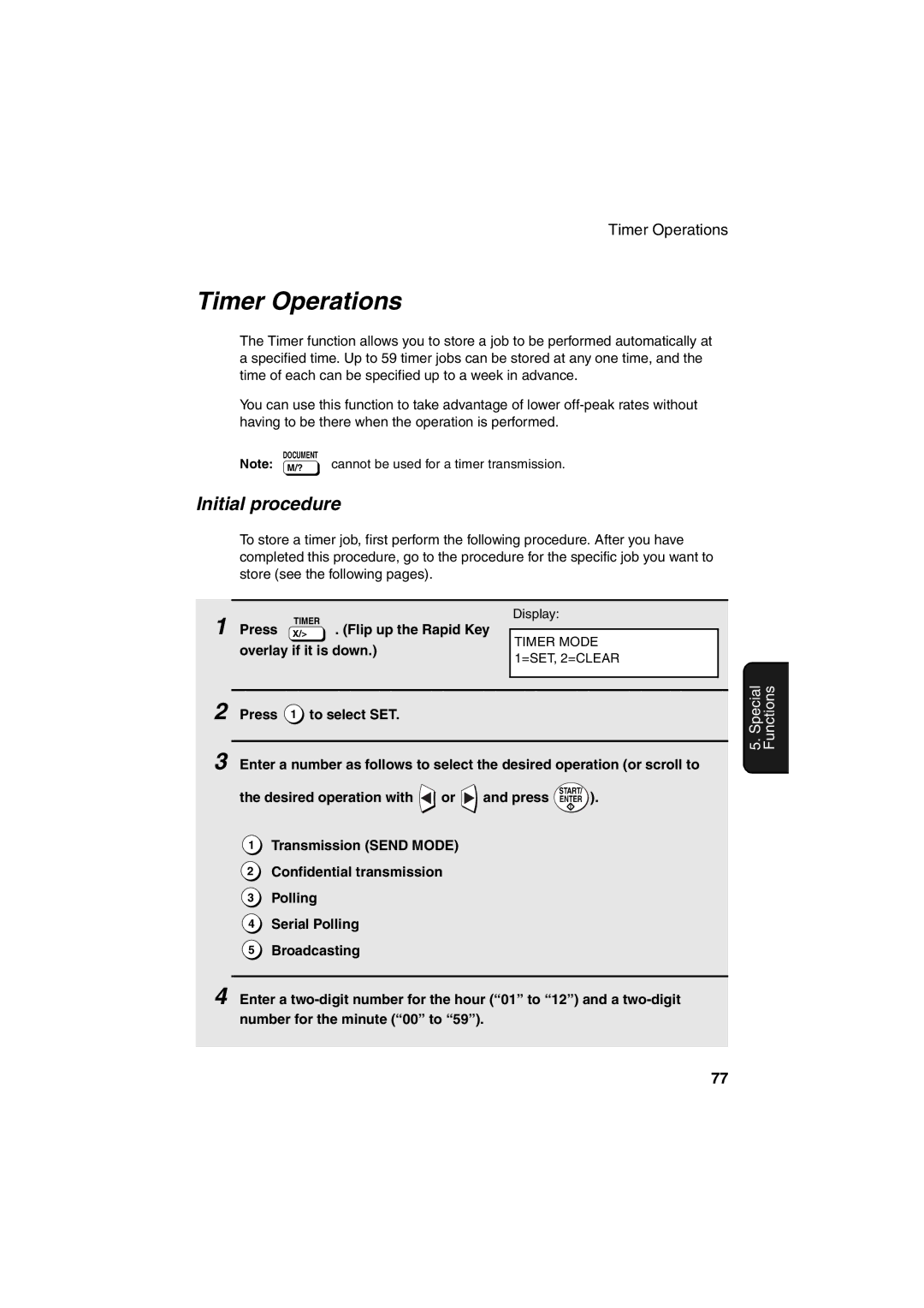 Sharp FO-4400 operation manual Timer Operations, Initial procedure 