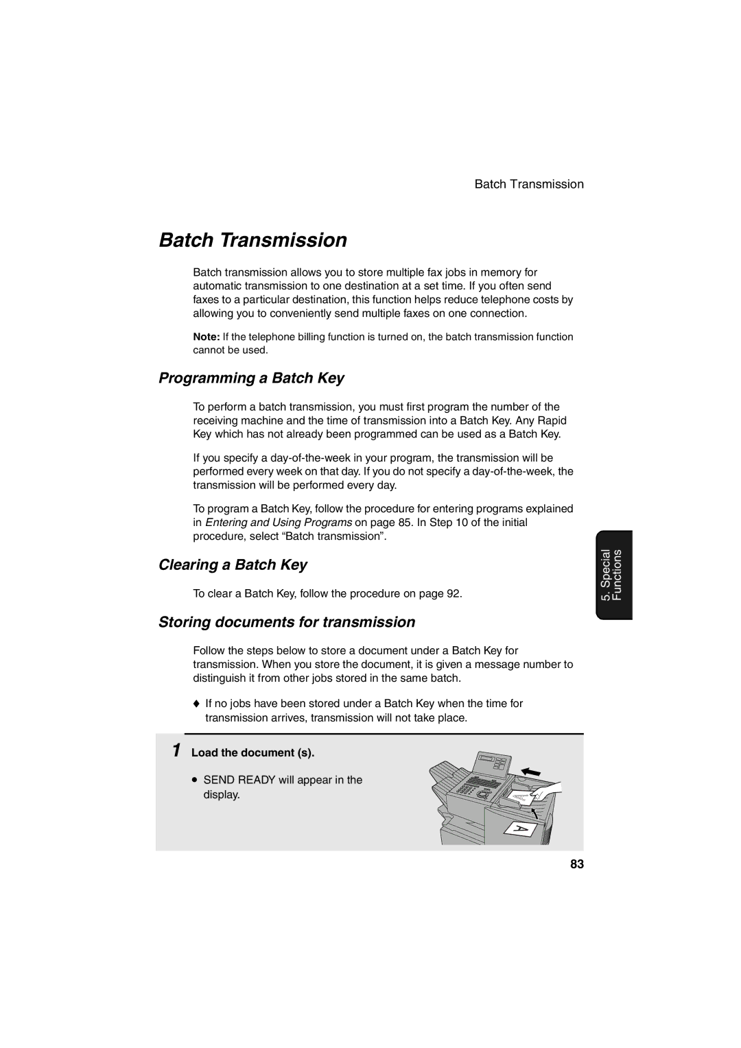 Sharp FO-4400 Batch Transmission, Programming a Batch Key, Clearing a Batch Key, Storing documents for transmission 