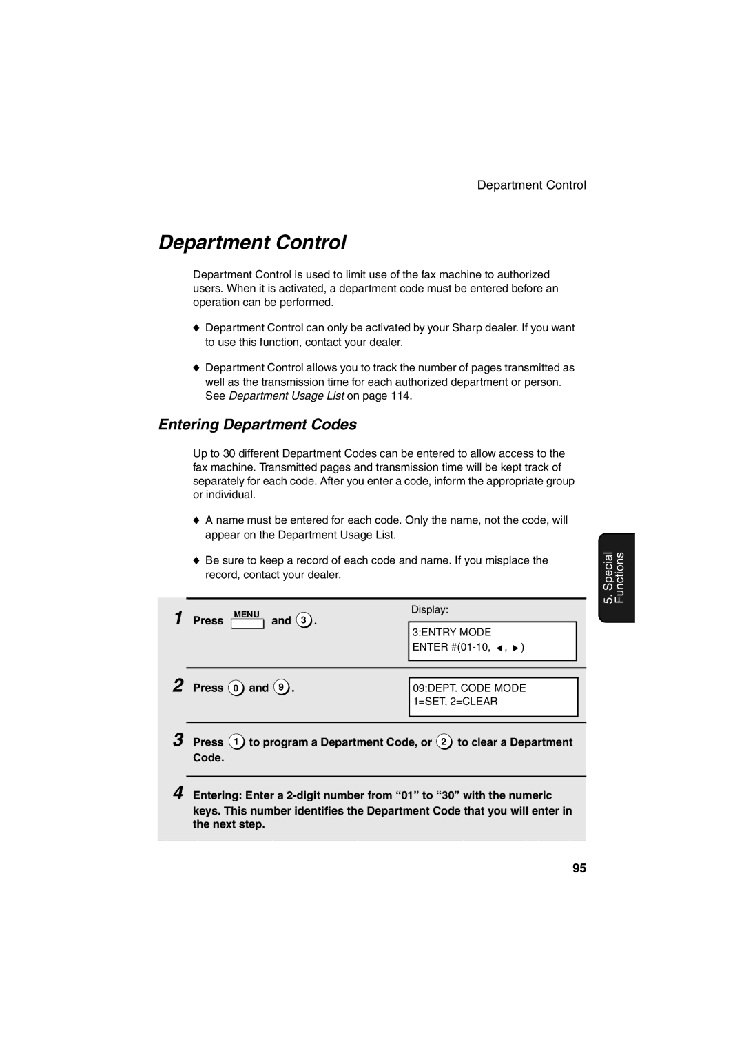 Sharp FO-4400 operation manual Department Control, Entering Department Codes 