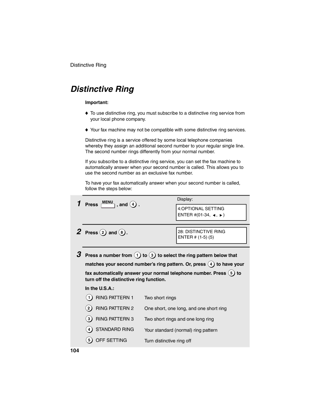 Sharp FO-4450 operation manual Distinctive Ring, 104, Press 2 