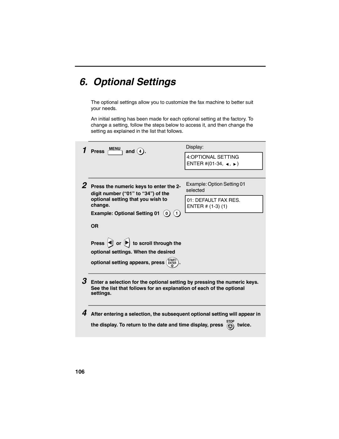 Sharp FO-4450 operation manual Optional Settings, 106 