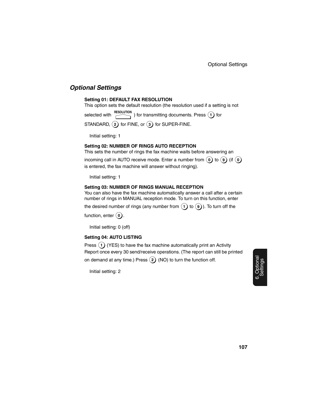 Sharp FO-4450 operation manual Optional Settings, 107 