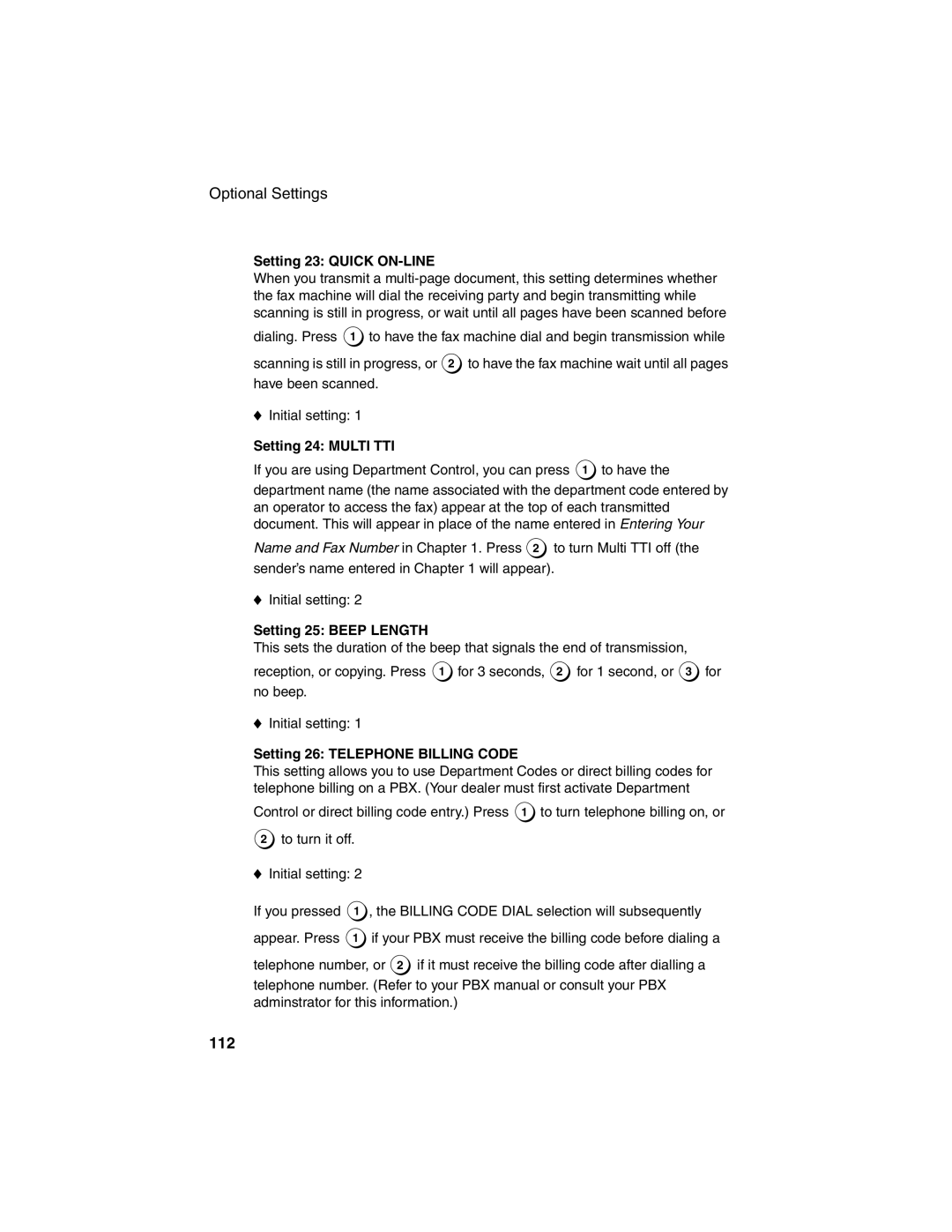 Sharp FO-4450 operation manual 112, Setting 23 Quick ON-LINE, Setting 24 Multi TTI, Setting 25 Beep Length 