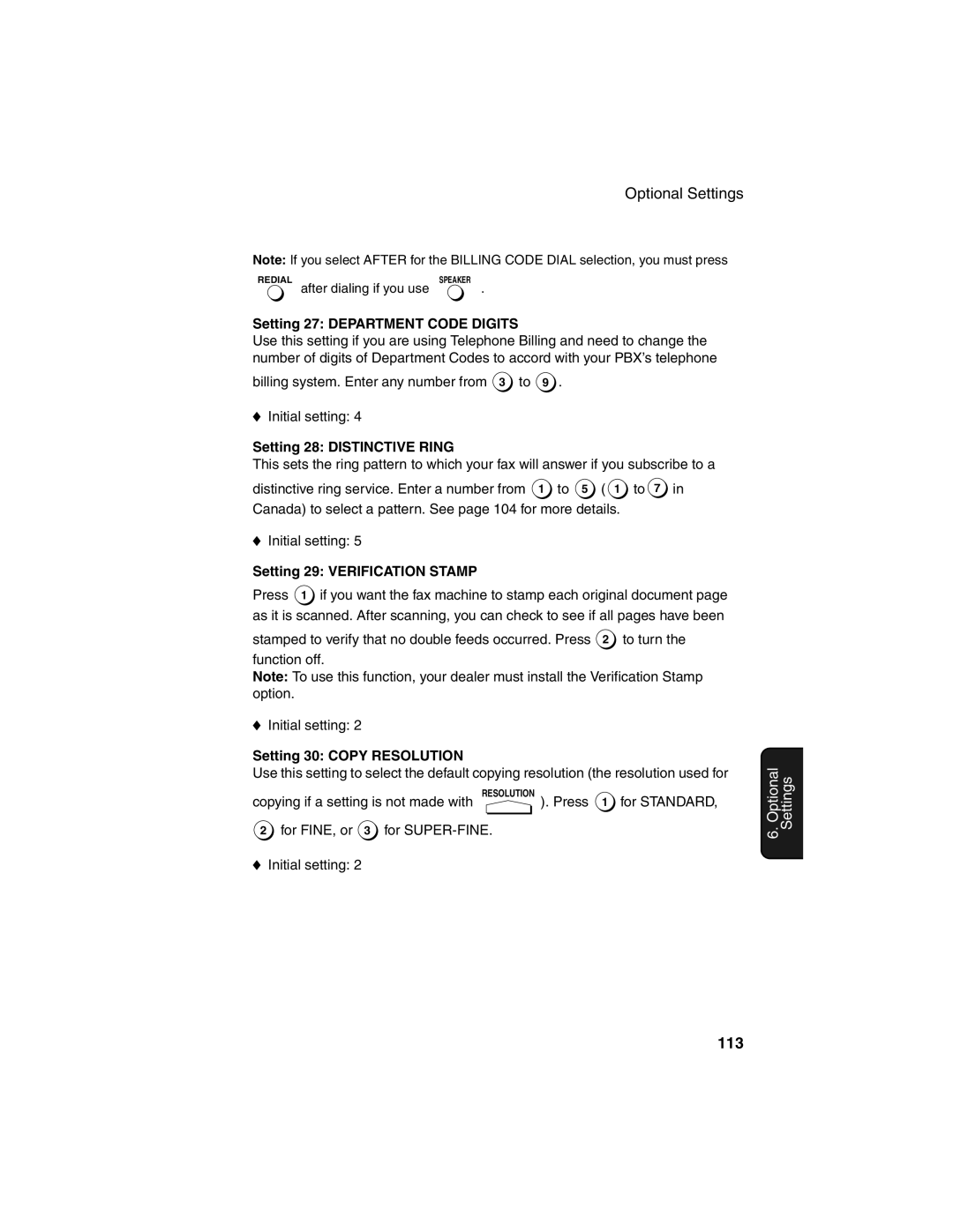 Sharp FO-4450 113, Setting 27 Department Code Digits, Setting 28 Distinctive Ring, Setting 29 Verification Stamp 