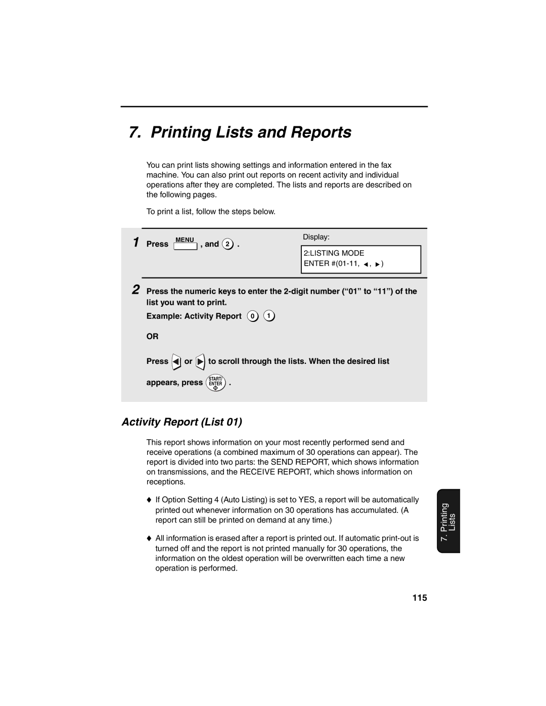 Sharp FO-4450 operation manual Printing Lists and Reports, Activity Report List, 115, Appears, press Enter 