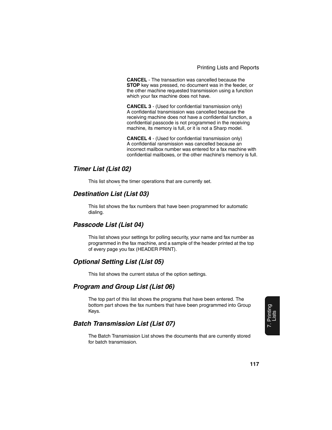 Sharp FO-4450 operation manual Timer List List, Destination List List, Passcode List List, Optional Setting List List 