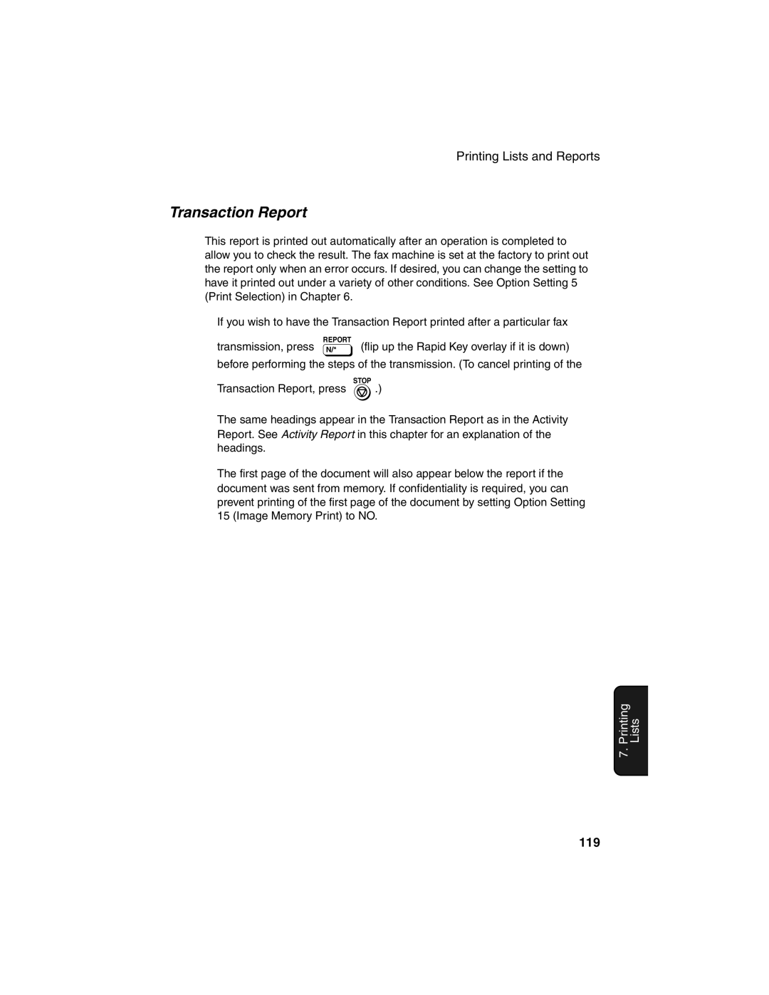 Sharp FO-4450 operation manual Transaction Report, 119, Transmission, press 