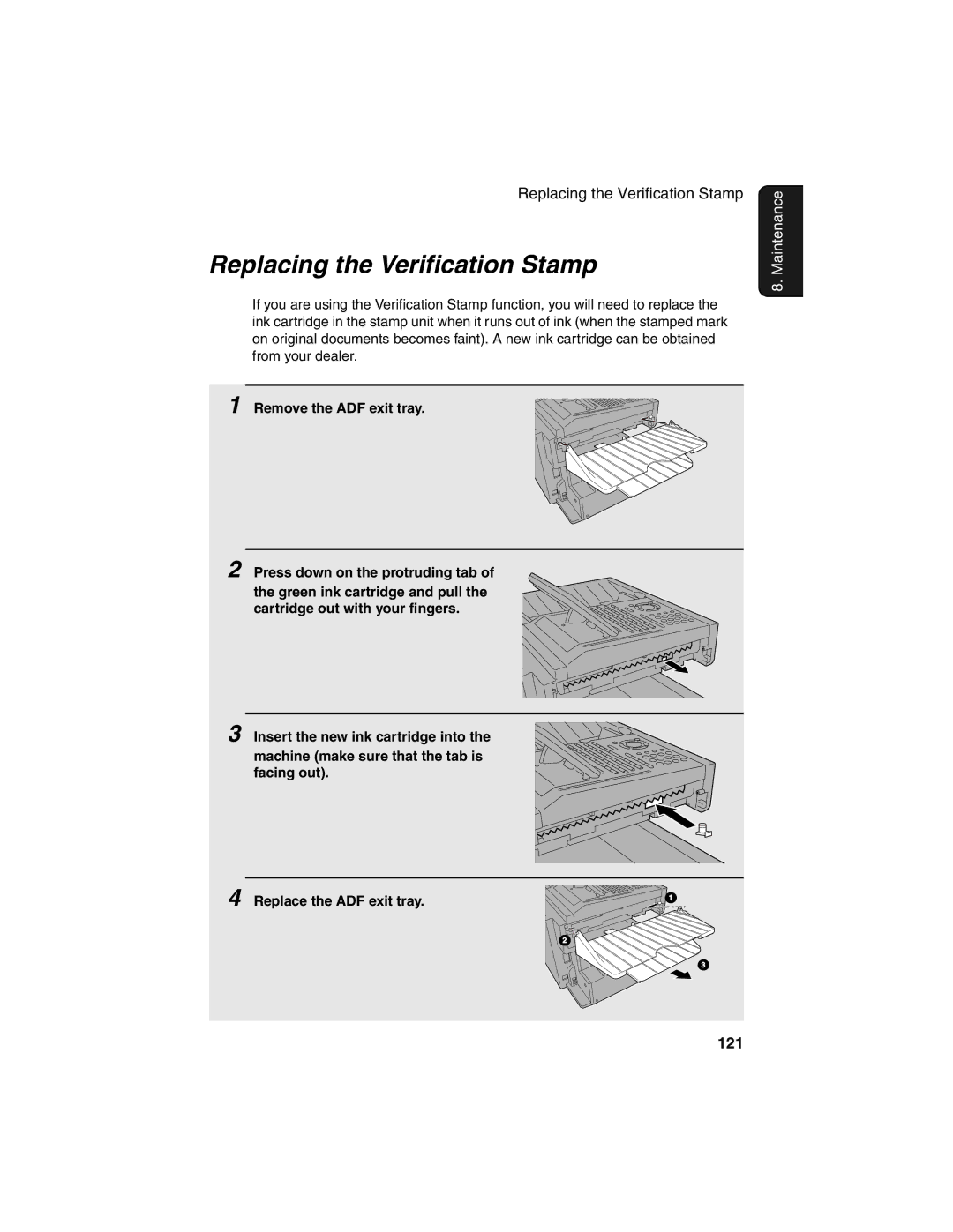 Sharp FO-4450 operation manual Replacing the Verification Stamp, 121 