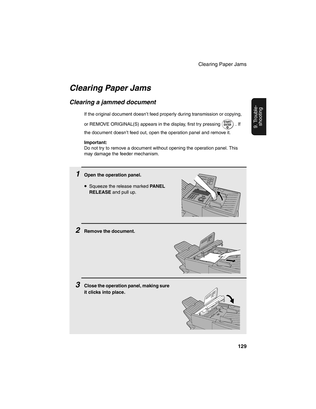 Sharp FO-4450 operation manual Clearing Paper Jams, Clearing a jammed document, 129 