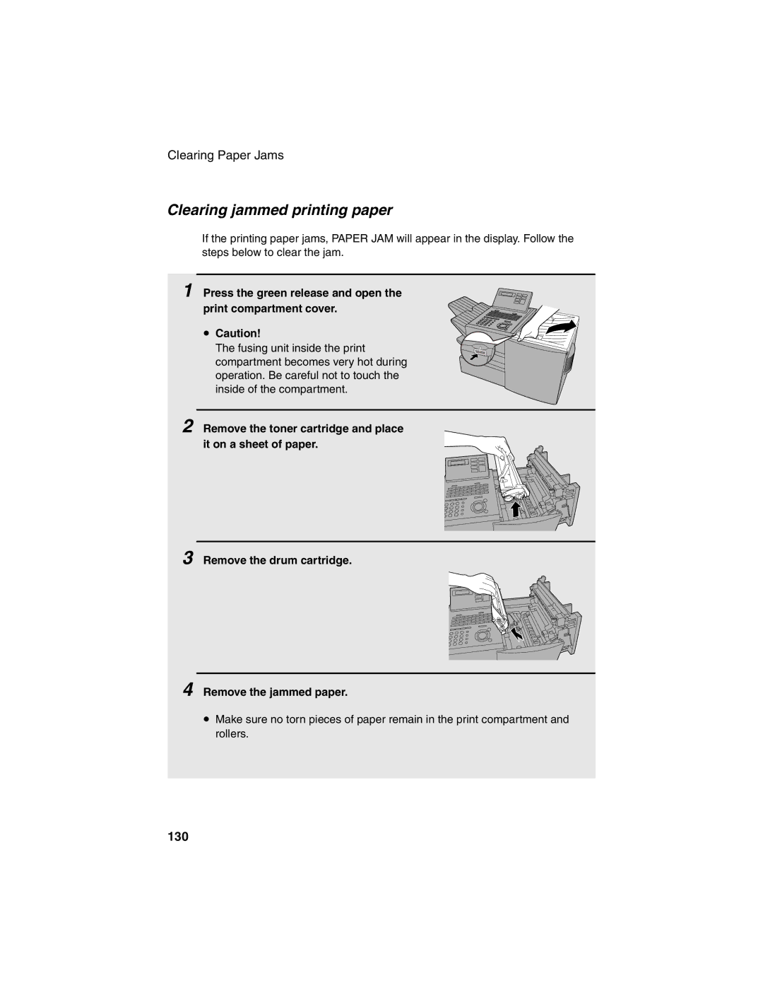 Sharp FO-4450 operation manual Clearing jammed printing paper, 130 